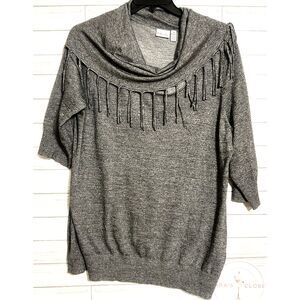 Kim‎ Rogers 2XL Fringe Cowl Neck 3/4 Sleeve Gray Sweater Top blouse
